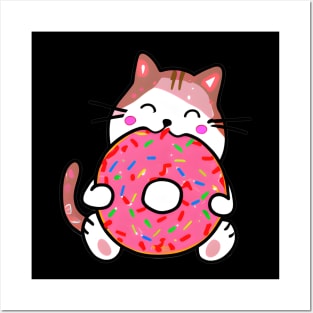 Funny Cat Eating a Donut, Kawaii Cat with Pink Donut Posters and Art